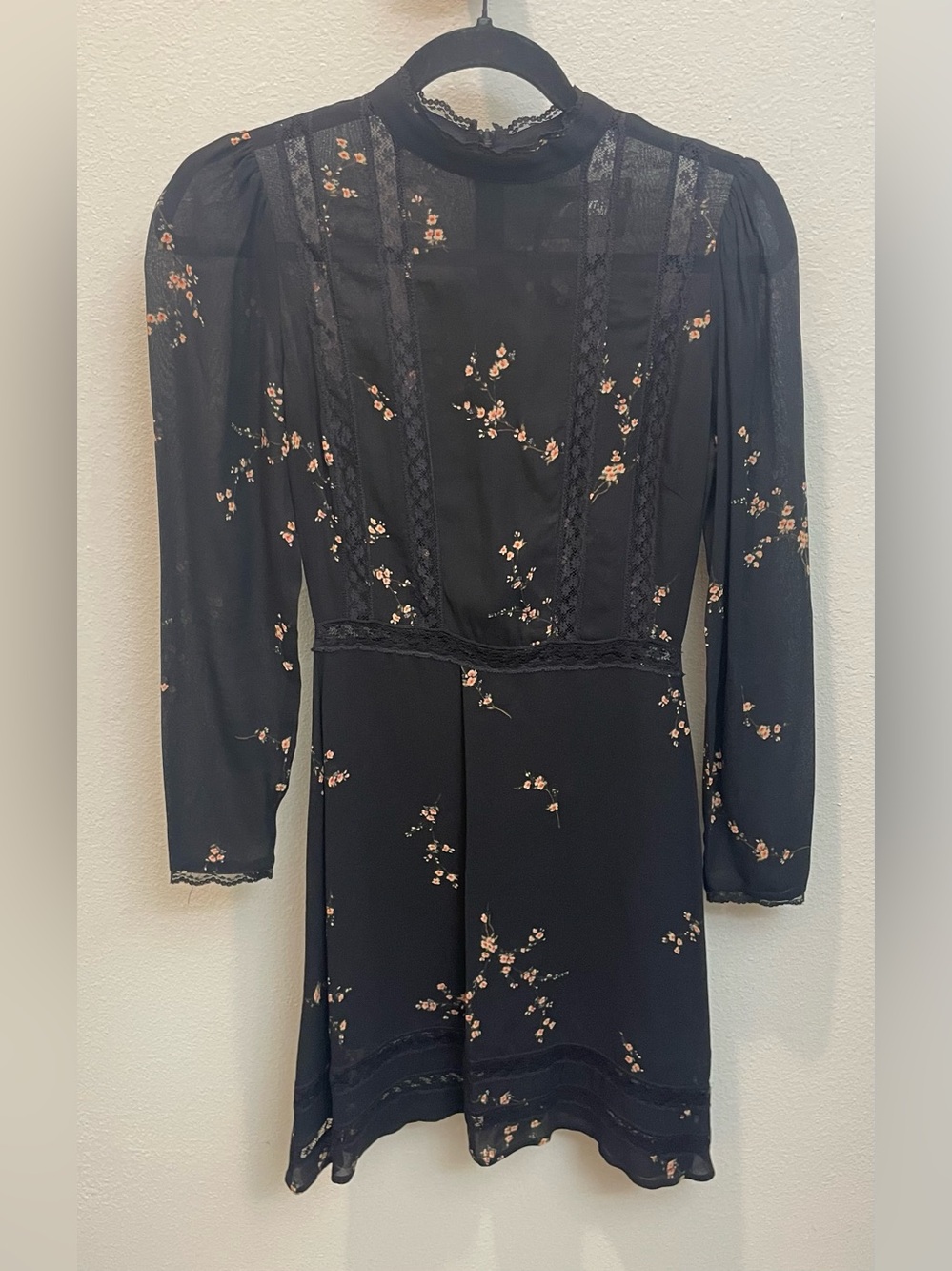 Reformation Black Long-Sleeve Floral Lace Mini Dress
